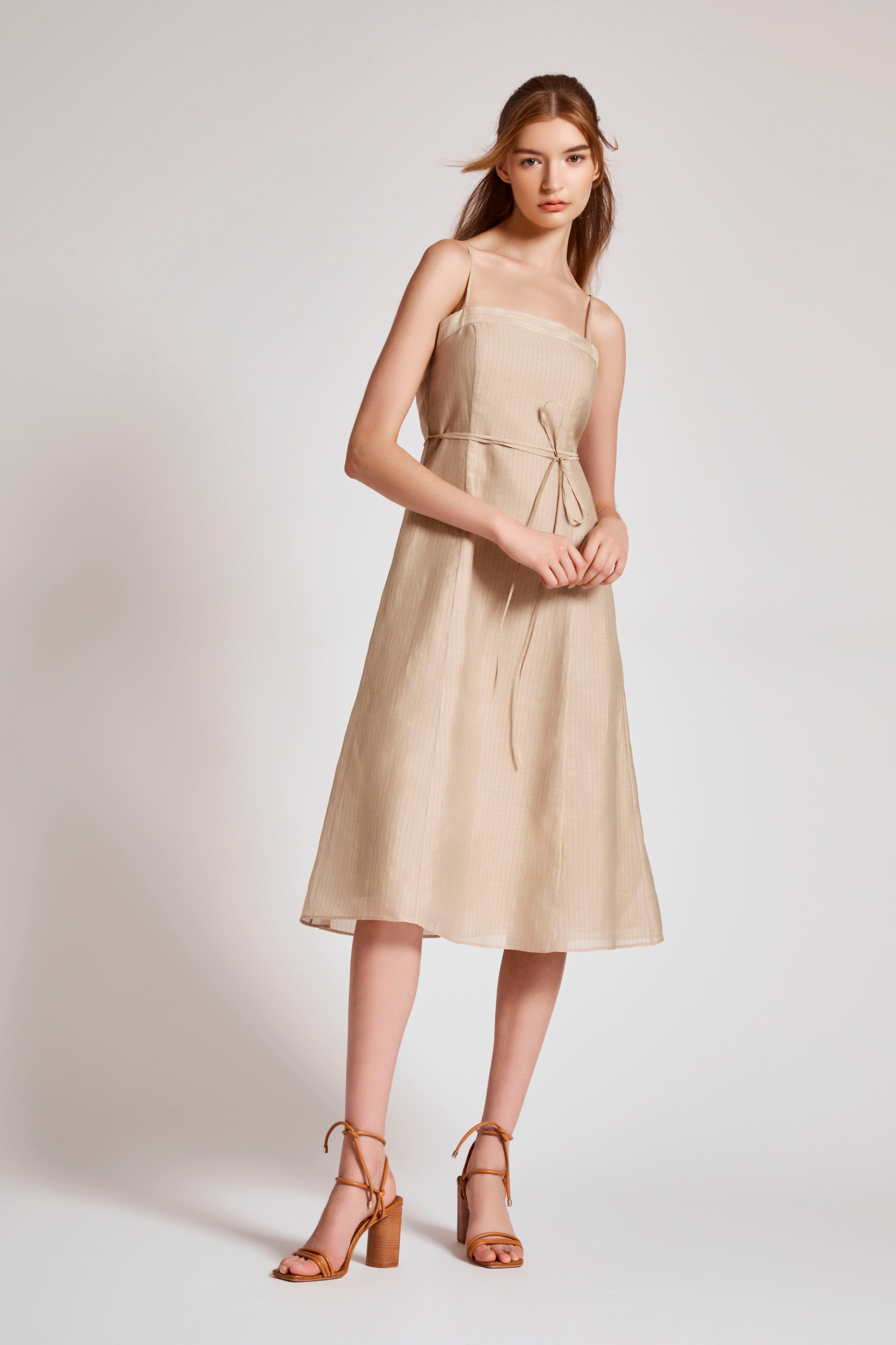 Midi Dress In Stripe Organza - Sand Navy Stripe Pre Order
