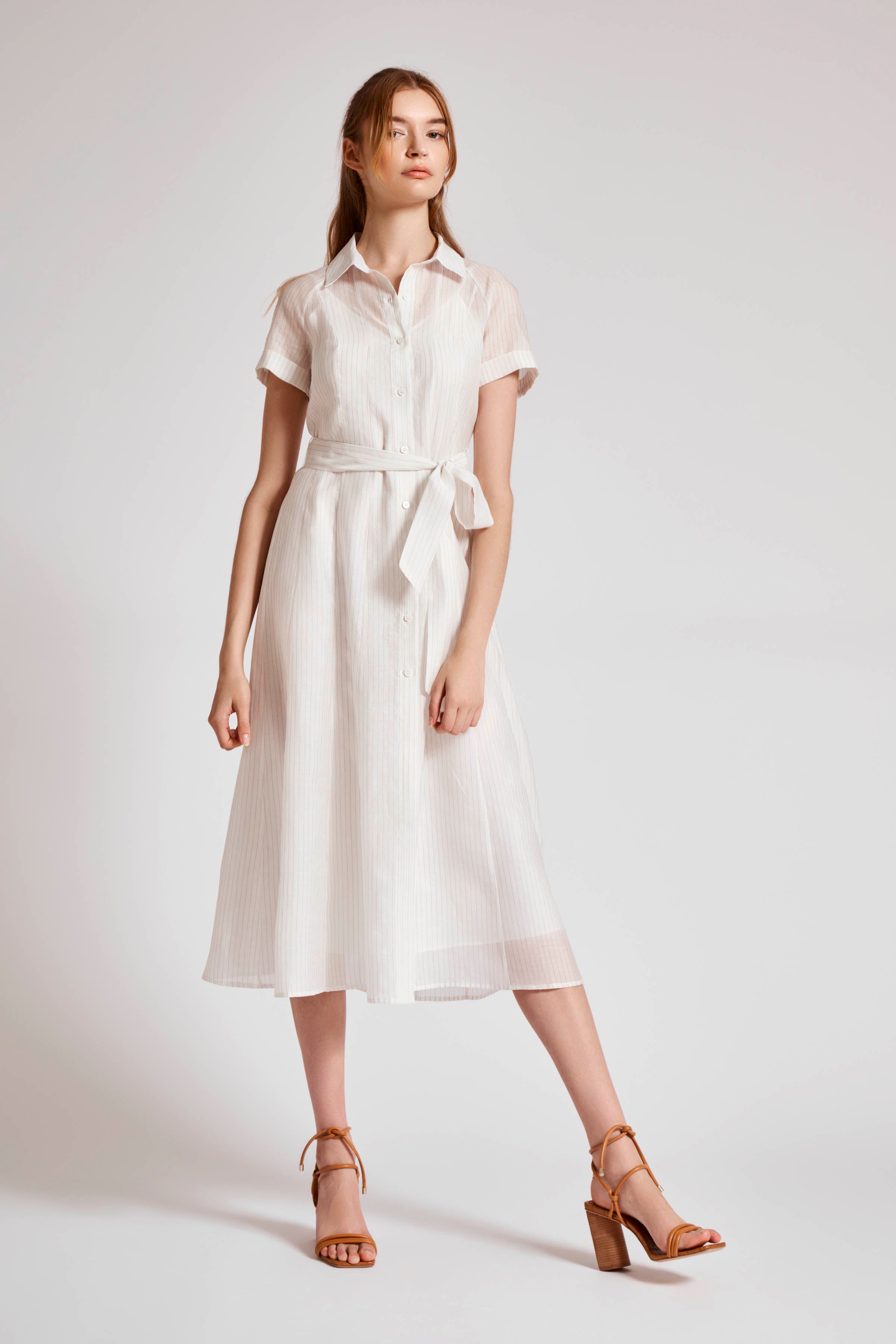 Shirt Dress In Stripe Organza - White Navy Stripe  Pre Order