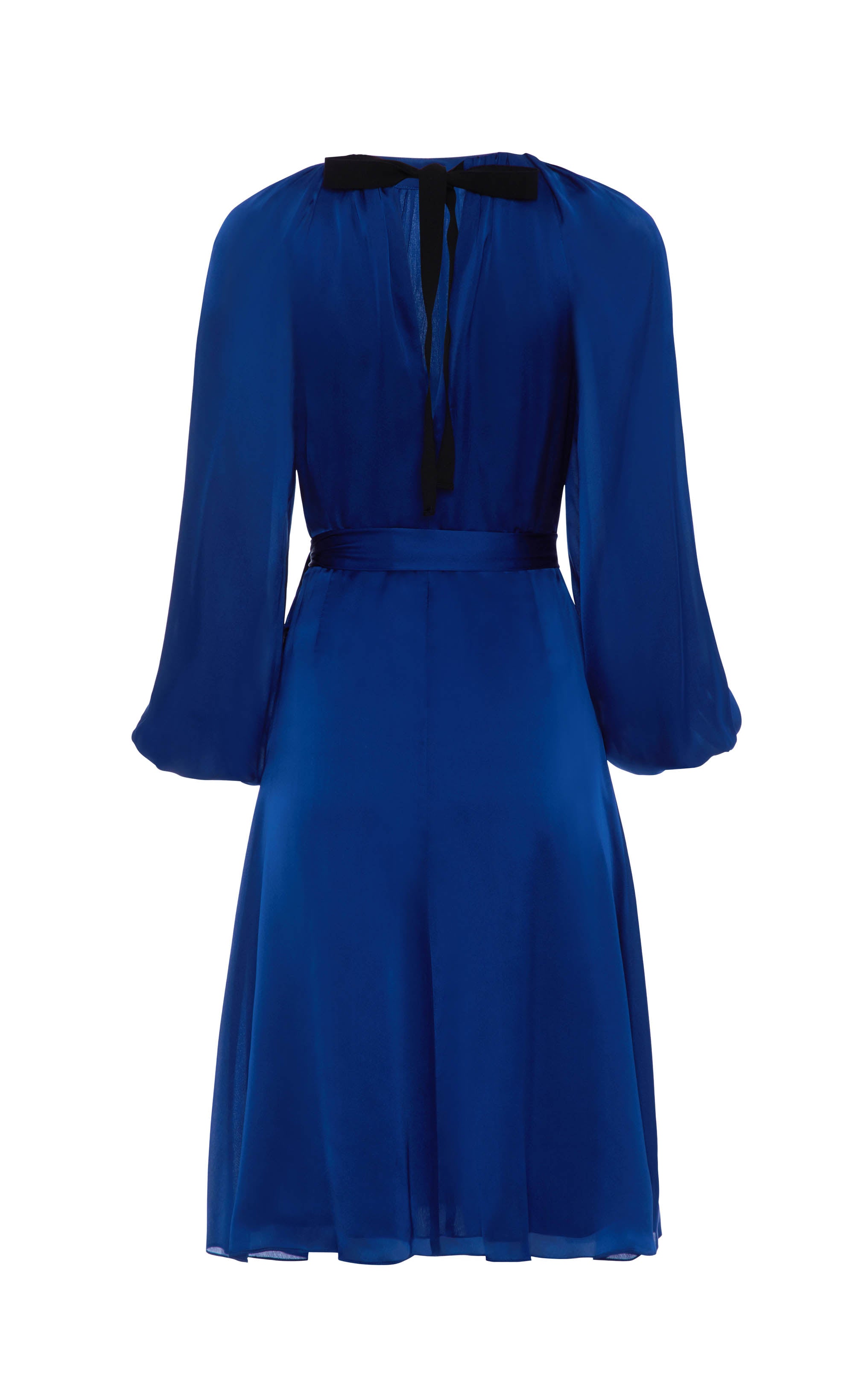 back profile blue puff sleeve silk dress with rusched neck