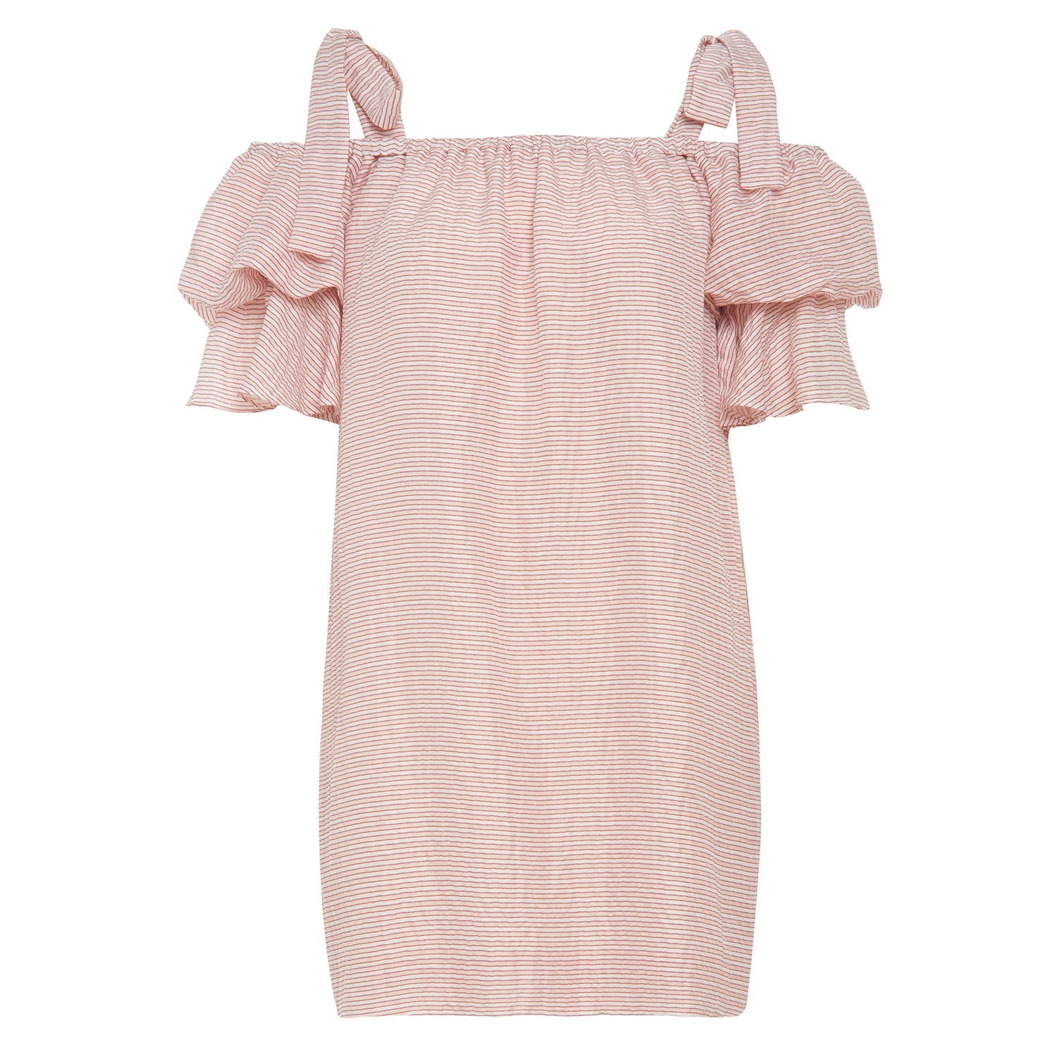 pink multi striped silk off the shoulder puff sleeve dress