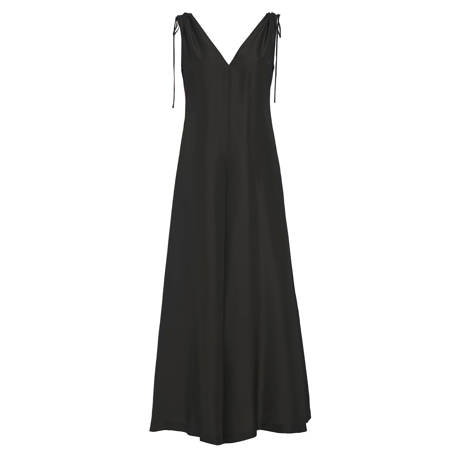 black sleeveless silk jumpsuit relaxed fit with side hand pockets