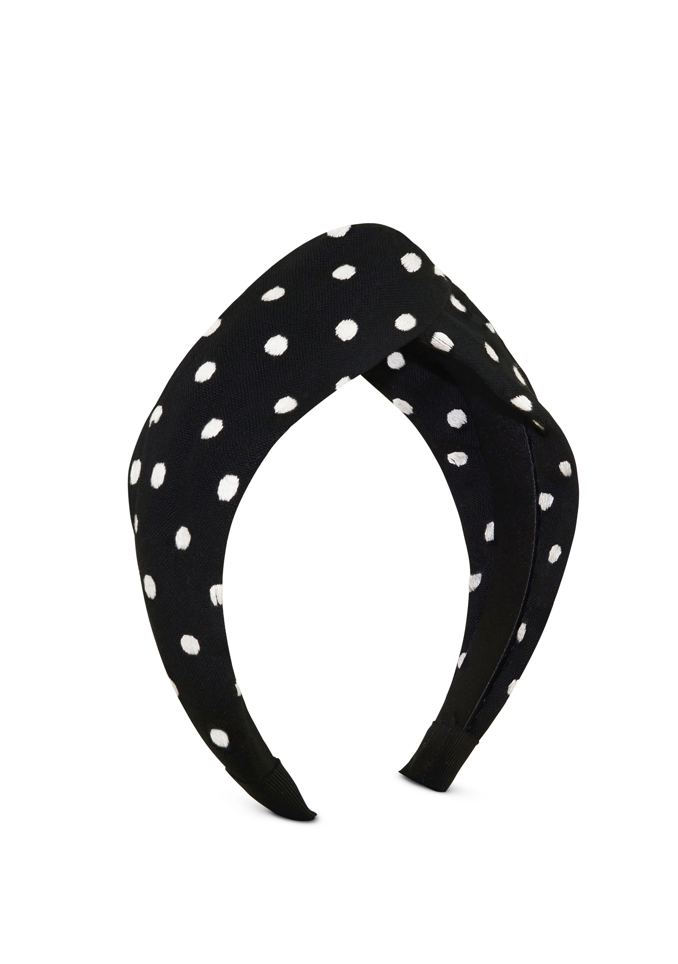 black and white polka dot beaded silk headband showing side view
