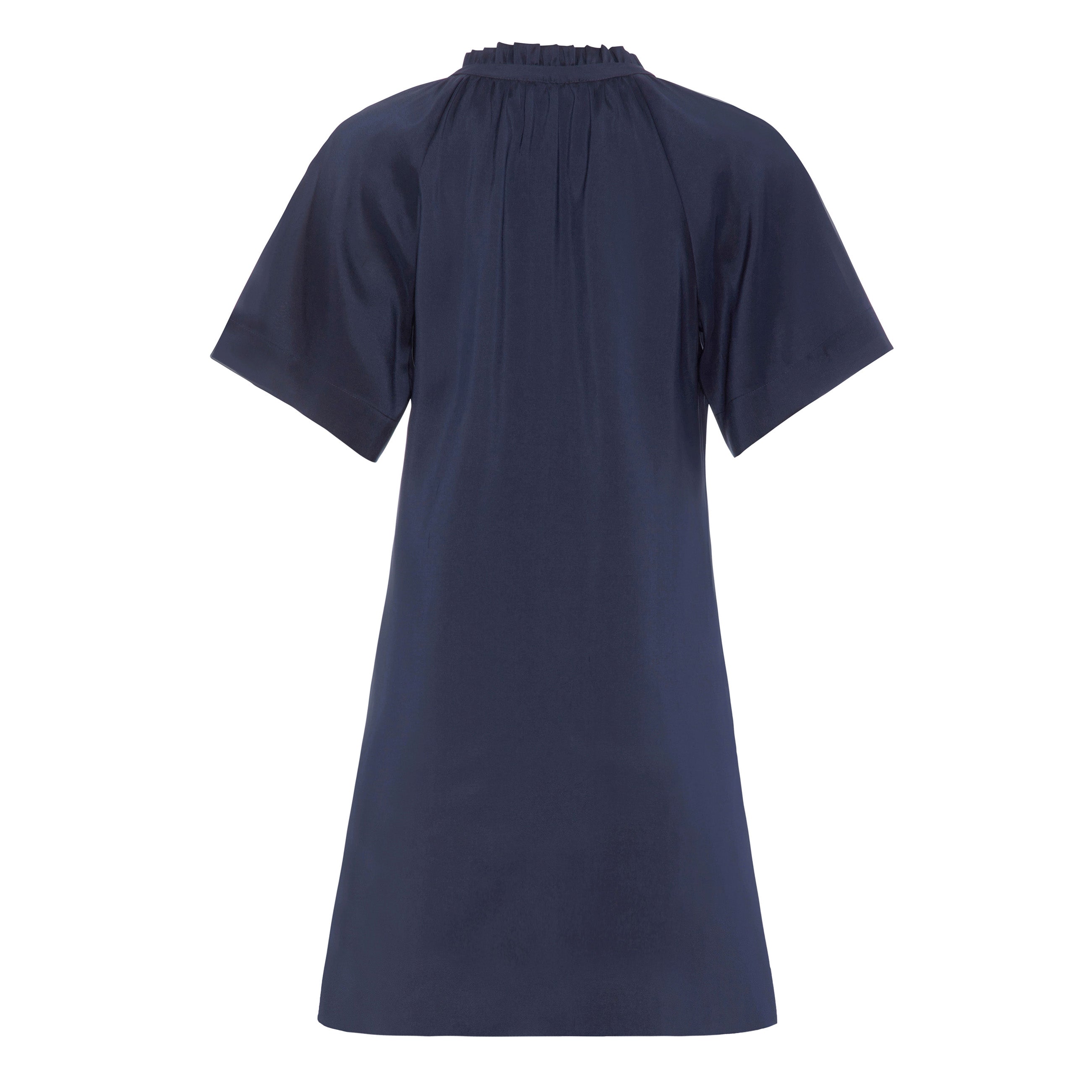 back view of navy short sleeved silk dress with ruffled neck and silhouette cut