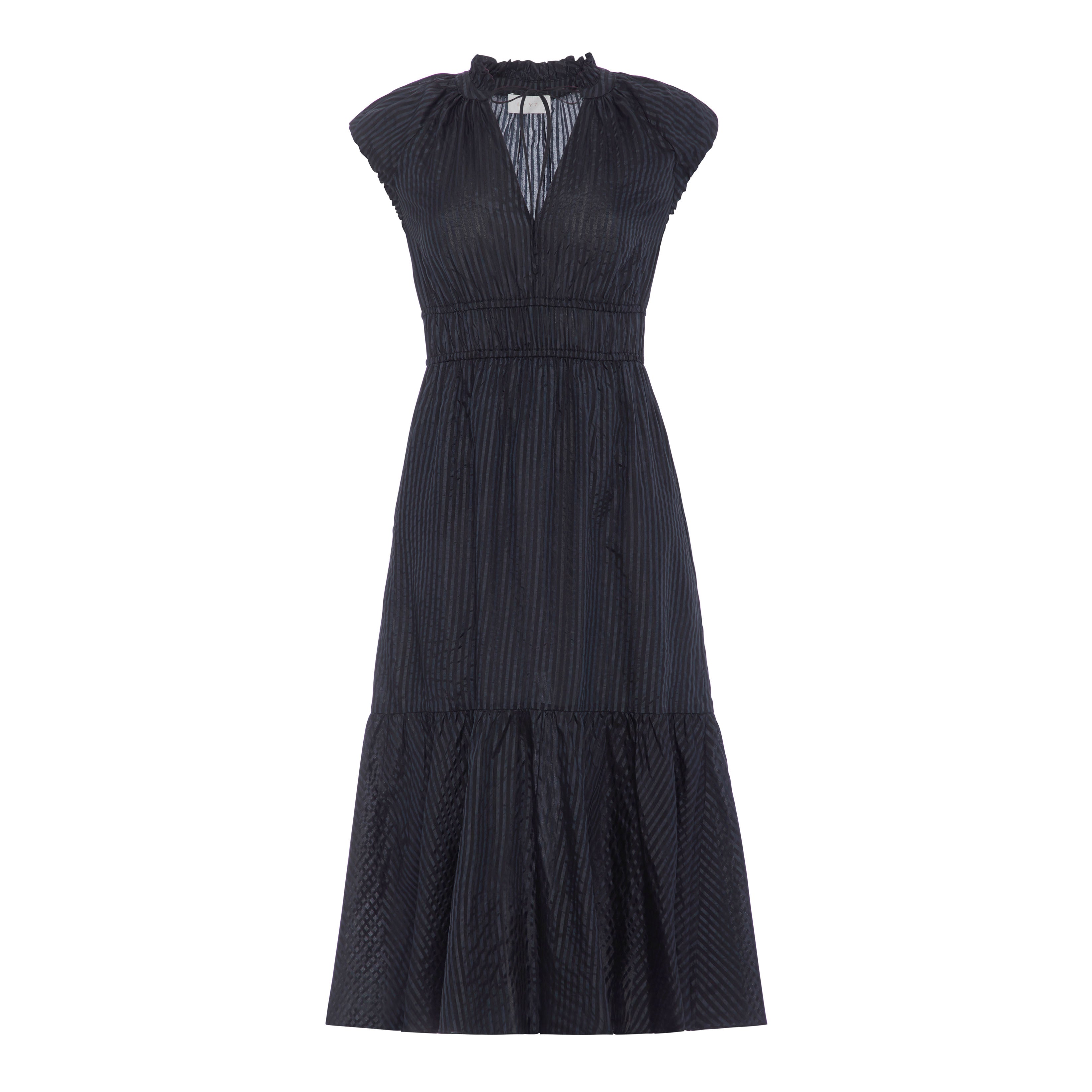 black sleeveless cotton silk blend dress with tie in front