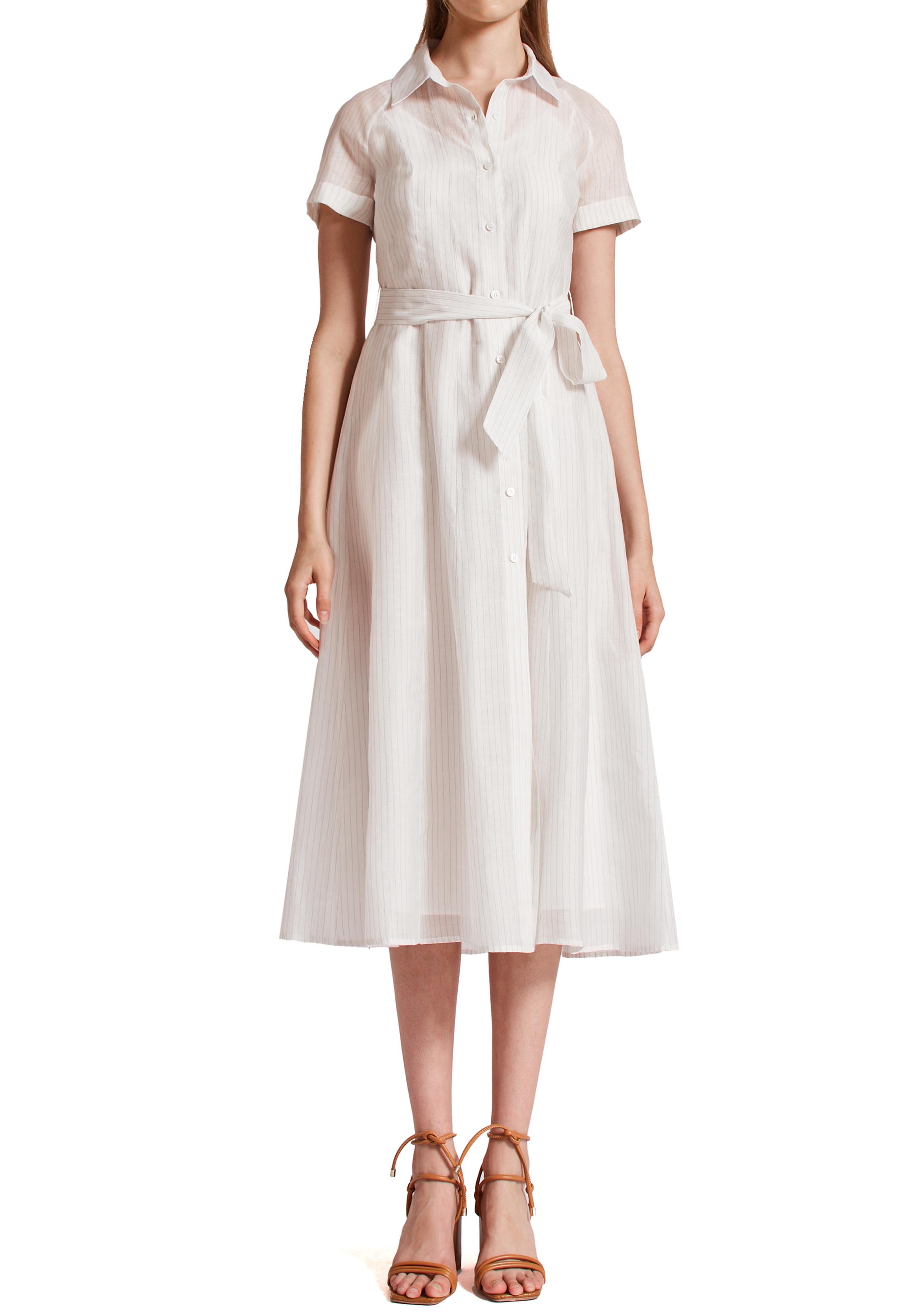 Shirt Dress In Stripe Organza - White Navy Stripe  Pre Order