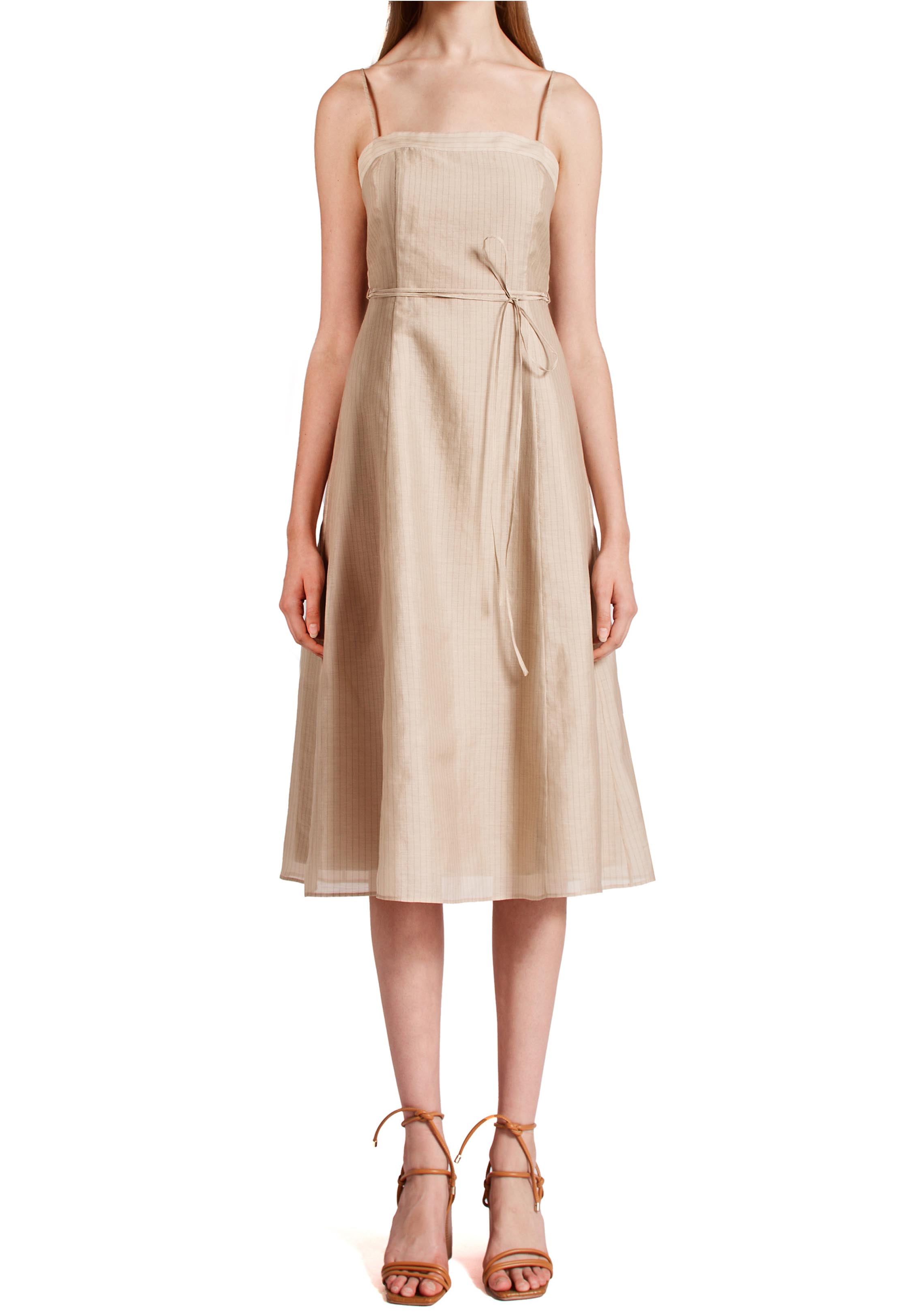 Midi Dress In Stripe Organza - Sand Navy Stripe Pre Order