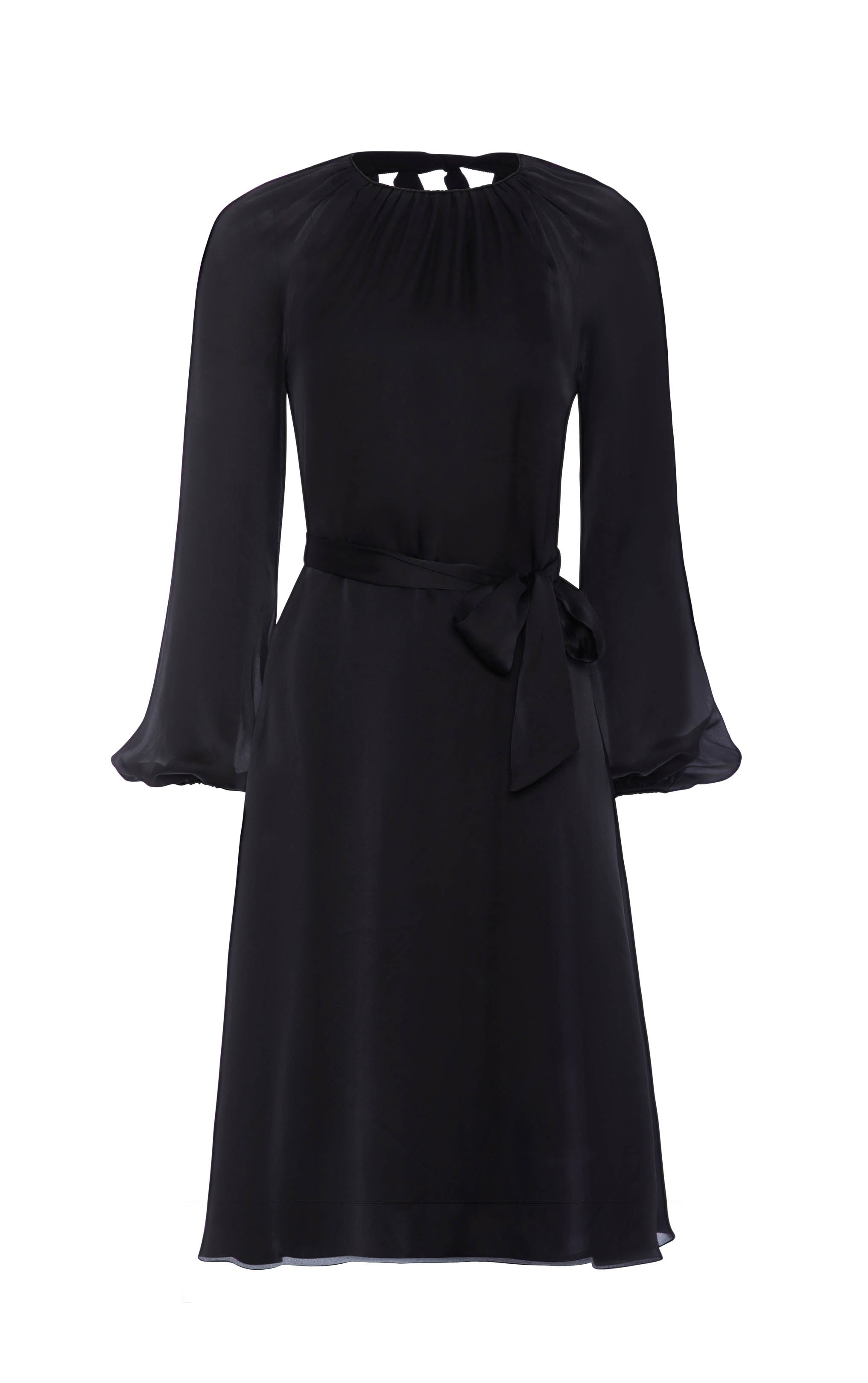 black puff sleeve silk dress with rusched neck