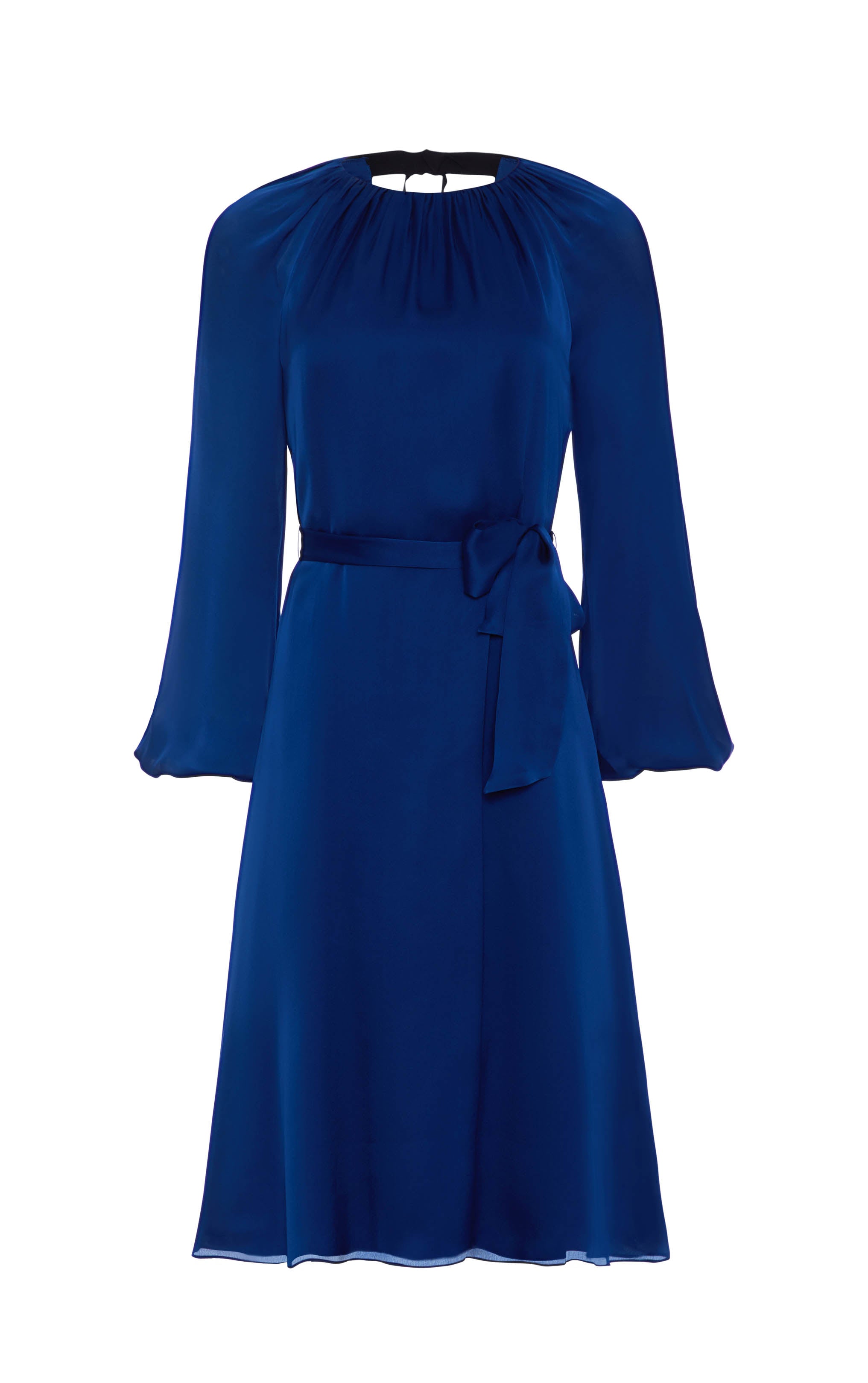 front view blue puff sleeve silk dress with rusched neck