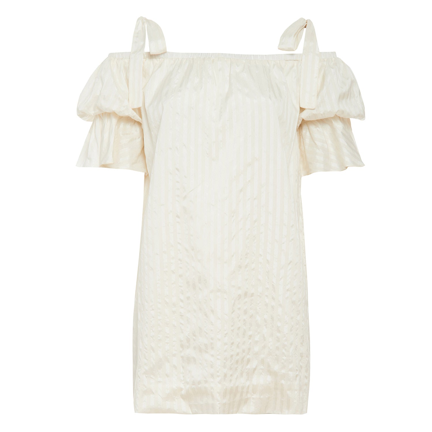 front view white stripe cotton silk off the shoulder puff sleeve dress