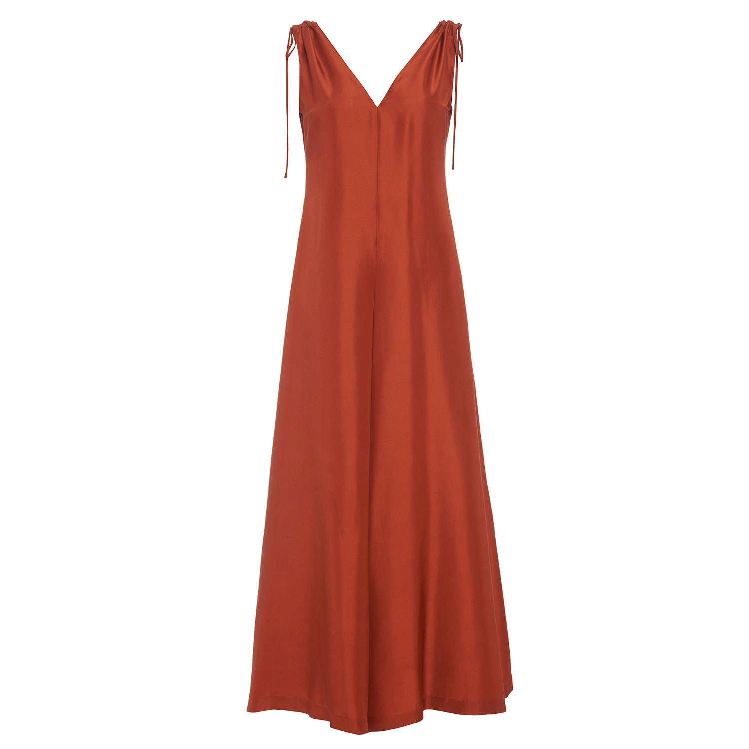 burnt orange sleeveless silk jumpsuit relaxed fit with side hand pockets