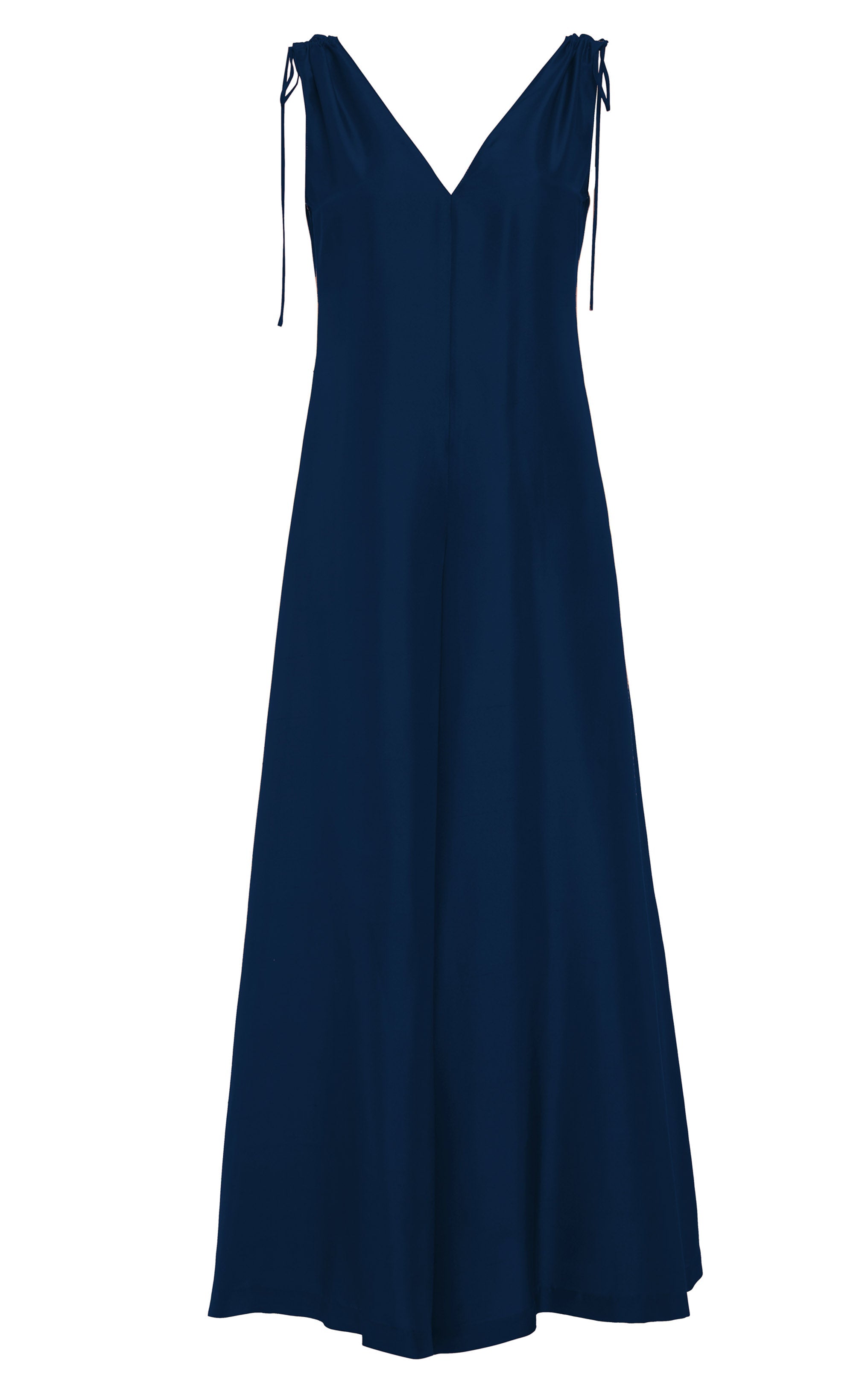 navy sleeveless silk jumpsuit with front and back v neck and drawstring at shoulders