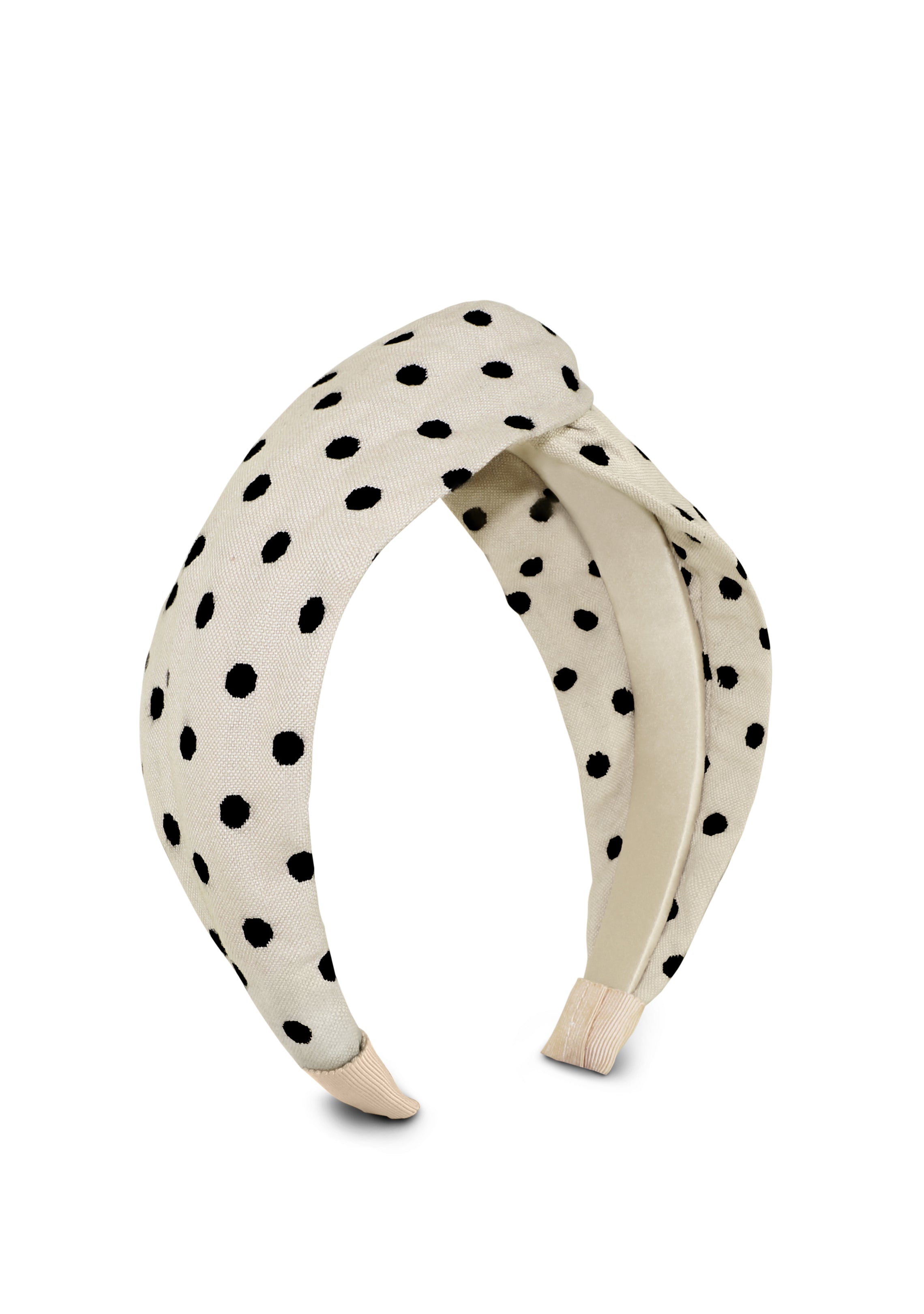 beige polka dot beaded silk textured headband showing side view
