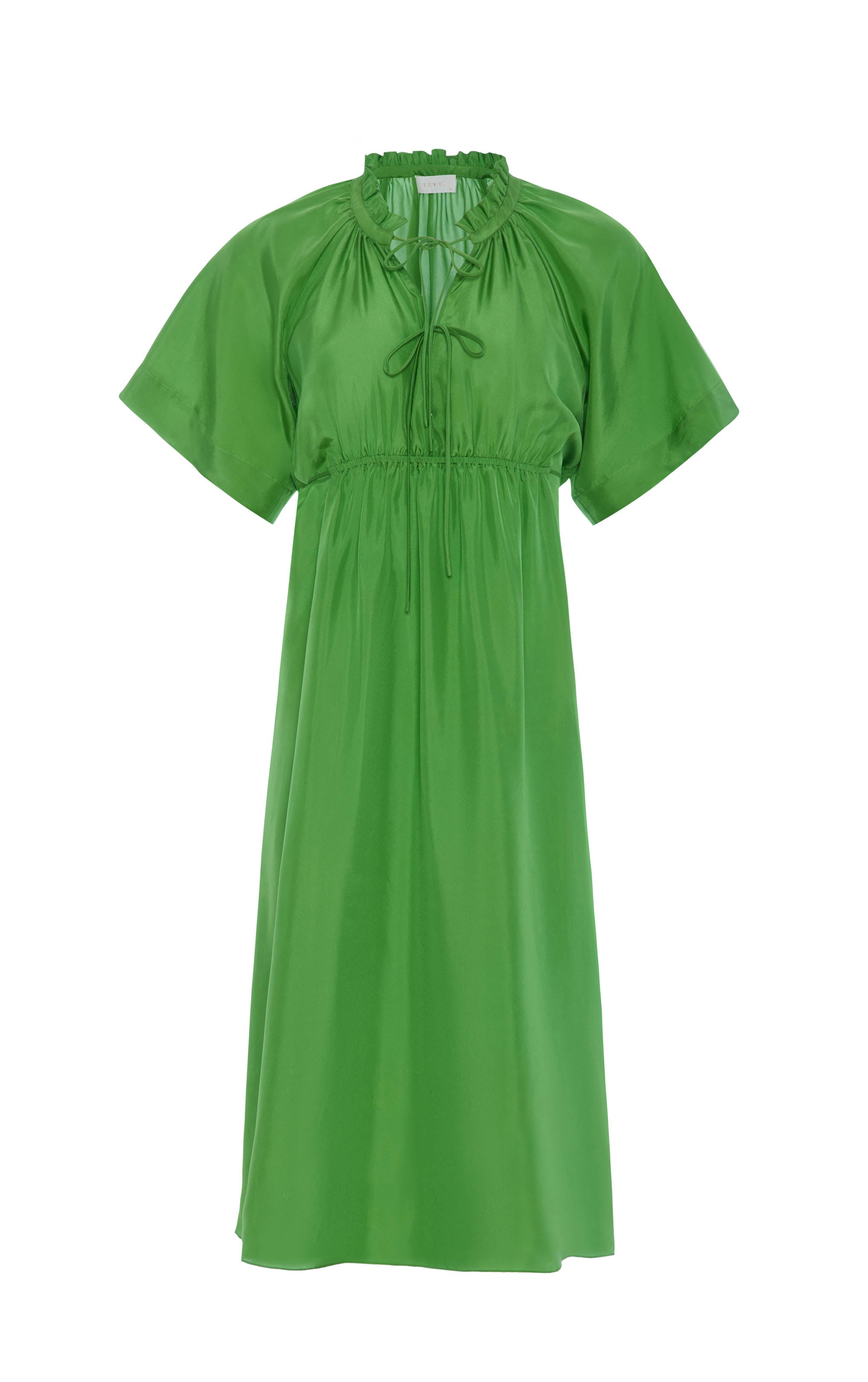 front view of green short sleeved silk dress with ruffled neck trim and rusched neck