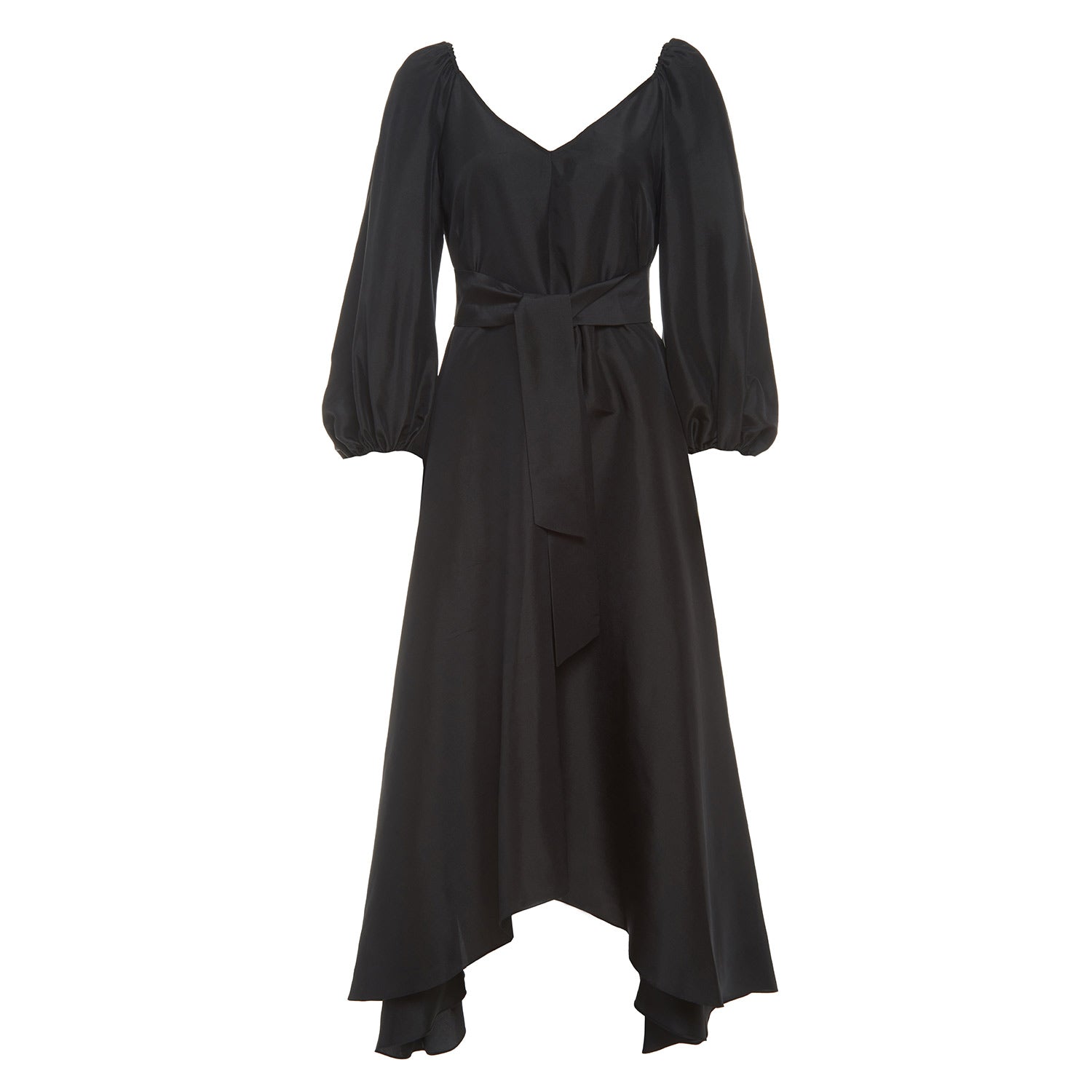 black puff sleeve silk dress front and back v neck