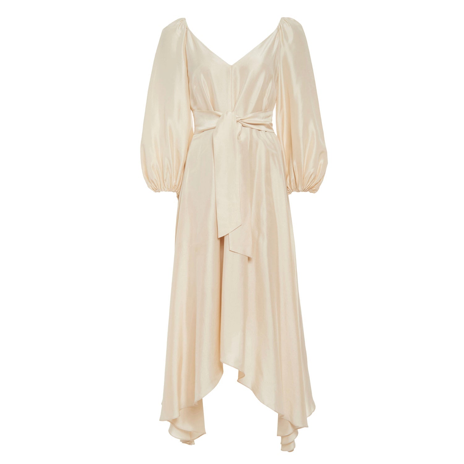 white puff sleeve silk dress with front and back v neck