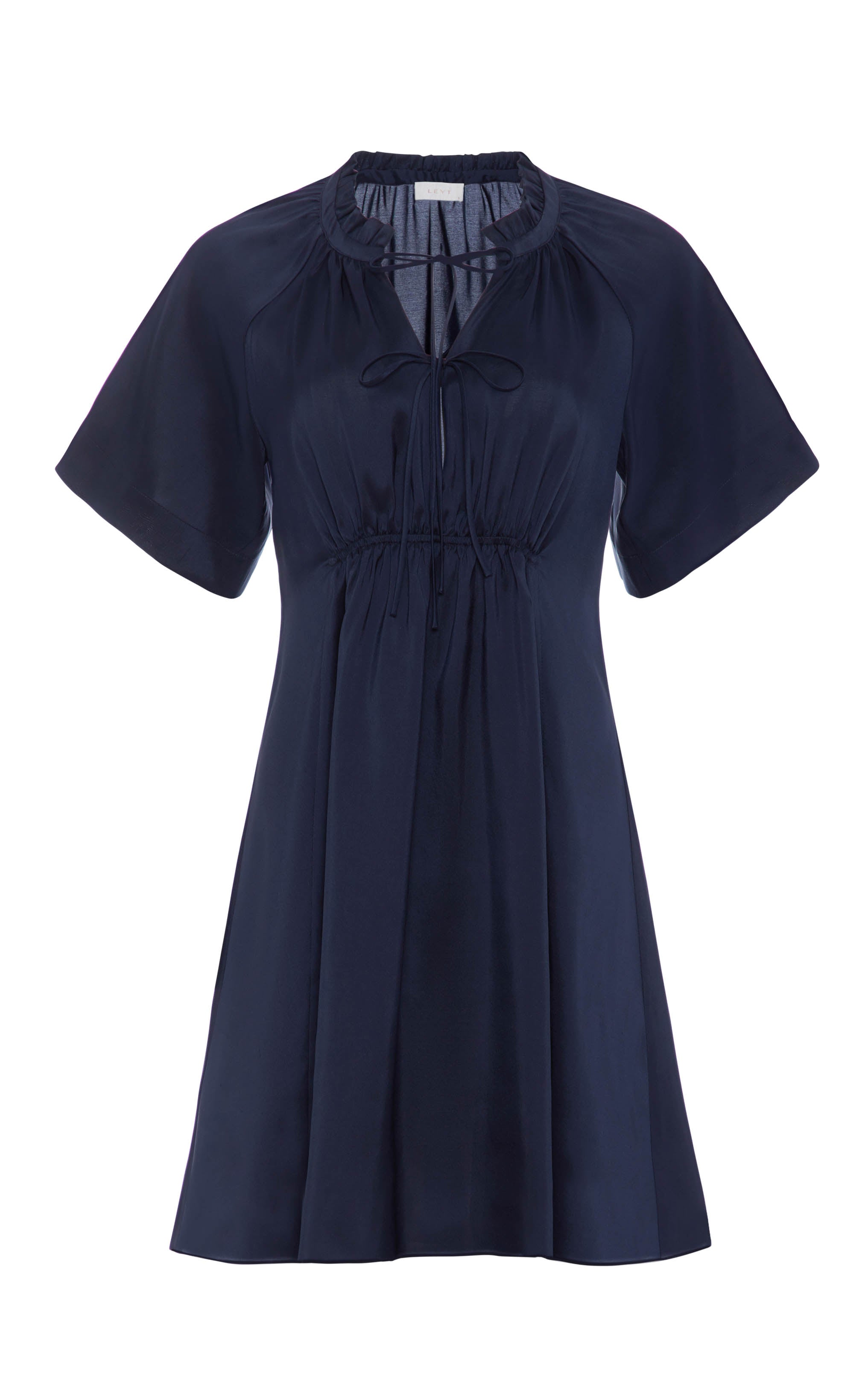 navy short sleeved silk dress with ruffled neck and silhouette cut